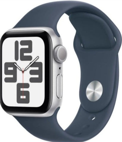New - Apple Watch SE 2 (2023) 40mm (GPS) - Silver Aluminum - Storm Blue Sport Band - Size:M/S - (MRE13LL/A | MRE12CL/A)